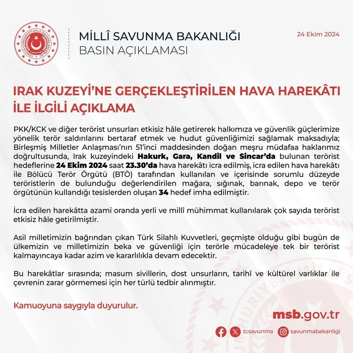 Şehitlerimiz için vurmaya devam! Irak’ın kuzeyine hava harekatı: 34 hedef imha edildi