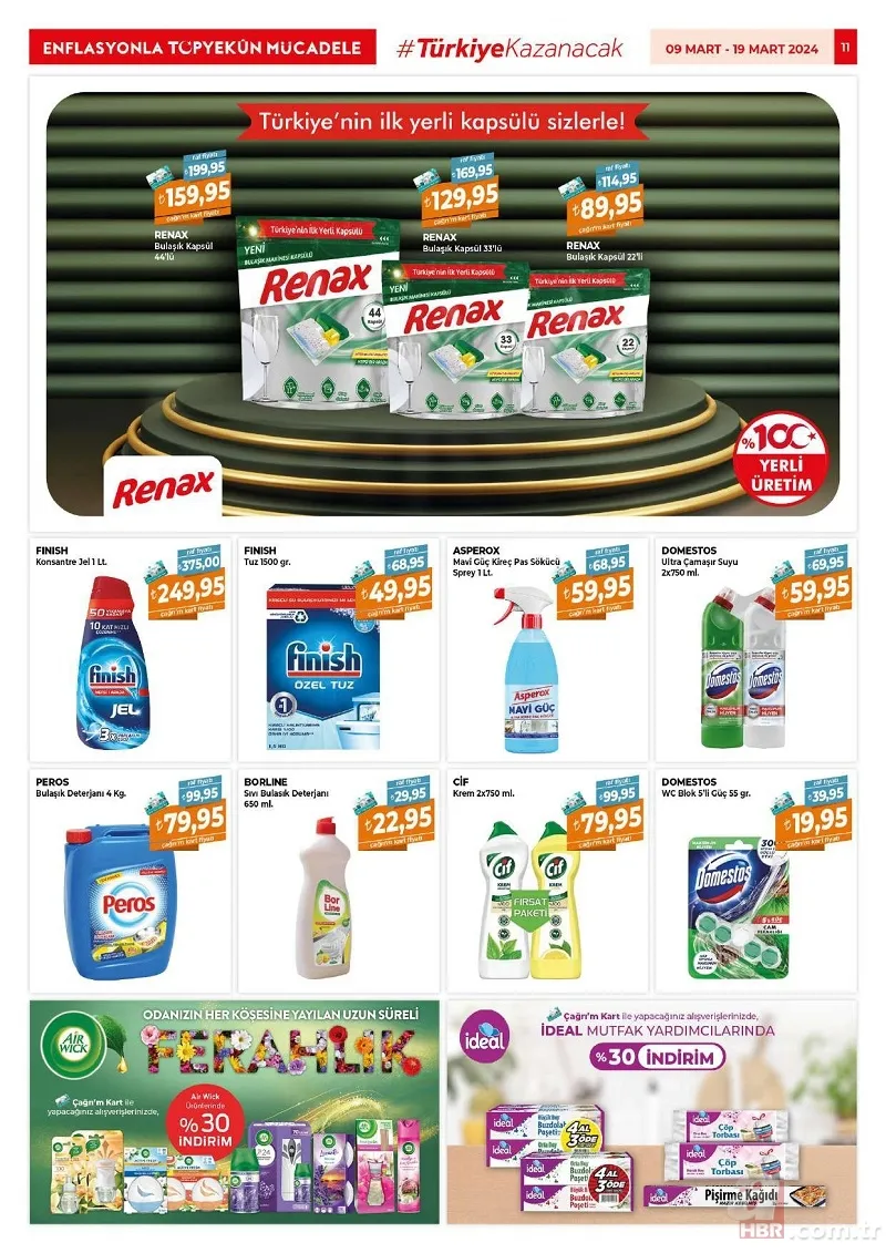 Çağrı Market İndirim Kataloğu Yayınlandı! RENAX bulaşık makinesi tableti 159,95 TL, İçim Kaşar peynir 249,95 TL, Doğuş 3 kilogram toz şekeri 89,75 TL… 12