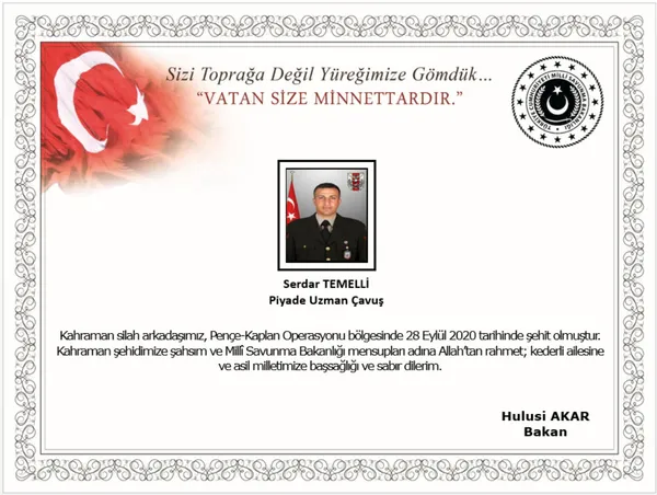 Bakan Hulusi Akar şehit asker için taziye mesajı yayımladı