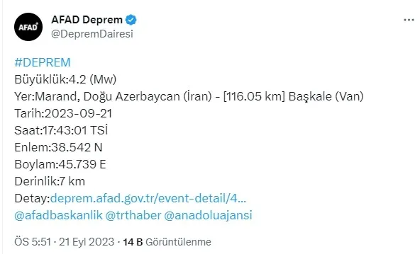 Son dakika! AFAD duyurdu: Van-İran sınırında deprem... | 2023 son depremler