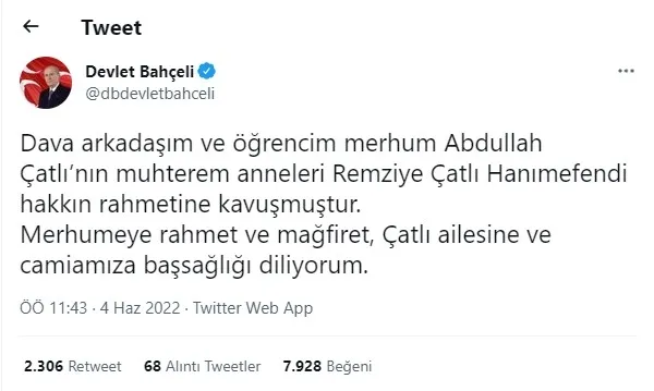 Son dakika | MHP Genel Başkanı Bahçeli’den başsağlığı mesajı