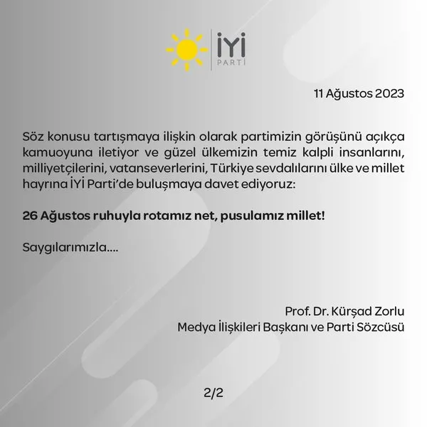 İYİ Parti’den MHP’nin ittifak teklifine net yanıt: 26 Ağustos ruhuyla rotamız net pusulamız millet!