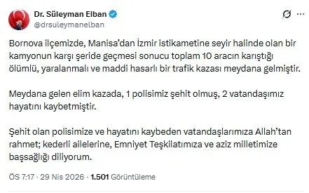 İzmir Valisi Elban'ın X hesabındaki paylaşımı