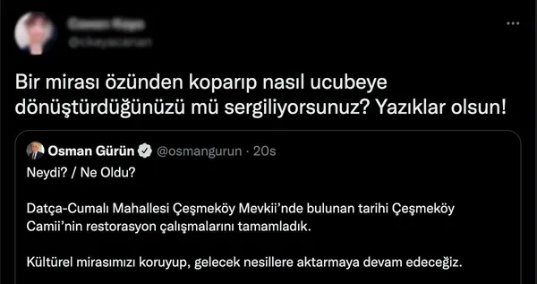 CHP’lİ Muğla Büyükşehir Belediyesi’nin Çeşmeköy Camii restorasyonu tartışma konusu oldu! Osman Gürün’e sosyal medyadan tepki yağıyor