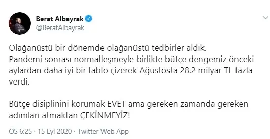 Hazine ve Maliye Bakanı Berat Albayrak'tan flaş "koronavirüs tedbiri" mesajı - 1