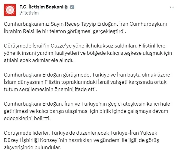 Başkan Erdoğan İran Cumhurbaşkanı İbrahim Reisi ile telefon görüşmesi gerçekleştirdi