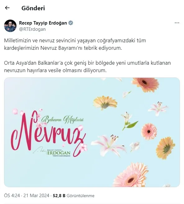 Başkan Erdoğan'dan Nevruz Bayramı mesajı: Hayırlara vesile olmasını diliyorum - 1