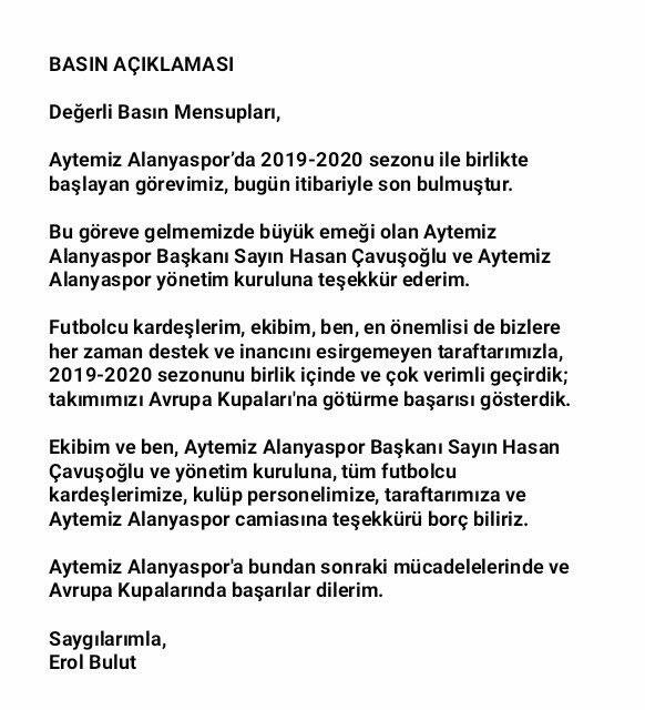 Son dakika: Erol Bulut resmen Alanyaspor'dan ayrıldı! - 1