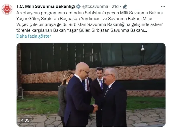 Milli Savunma Bakanı Yaşar Güler Sırbistan Savunma Bakanı Vucevic ile görüştü: FETÖ ile mücadelede desteğe teşekkür
