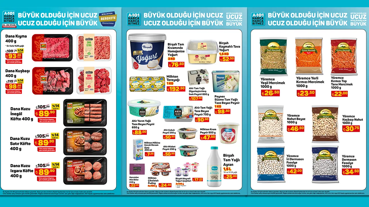 A101 uygun fiyatlı ürünlerini bir katalogda topladı! 192,50 TL’den 1kg tereyağı, 90,50 TL’den 750gr beyaz peynir, 25 TL’den 1,5L ayran, 61 TL’den 5kg un satışa sunuyor