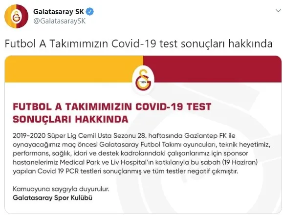 Galatasaray koronavirüs test sonuçlarını açıkladı - 1