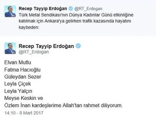 Erdoğan kazada ölen kadınların isimlerini tek tek Twitter'dan yazdı - 1