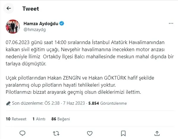 Son dakika | Aksaray'da eğitim uçağı düştü! Pilotlardan iyi haber - 2