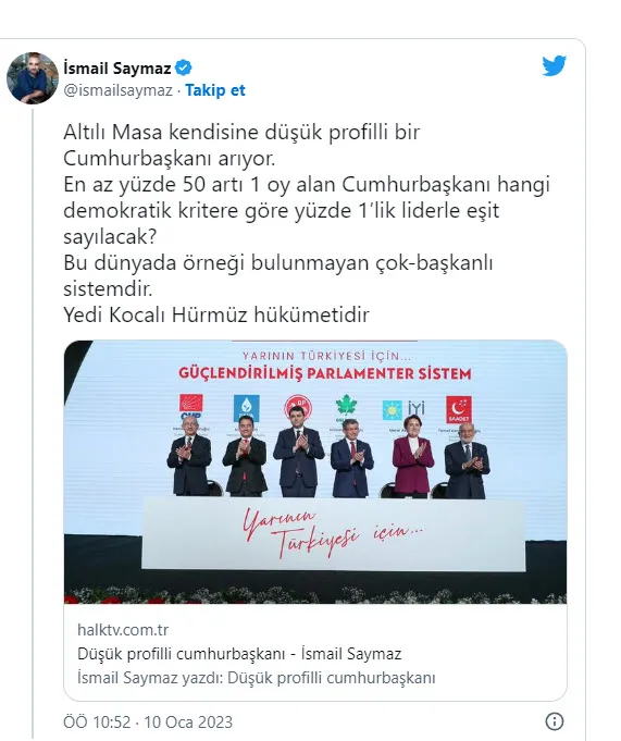 CHP yandaşı İsmail Saymaz 6’lı masanın kukla cumhurbaşkanı modelini topa tuttu: Yedi Kocalı Hürmüz hükümeti