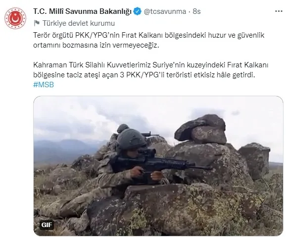 Son dakika: Milli Savunma Bakanlığı: Suriye’nin kuzeyinde 14 PKK/YPG’li öldürüldü