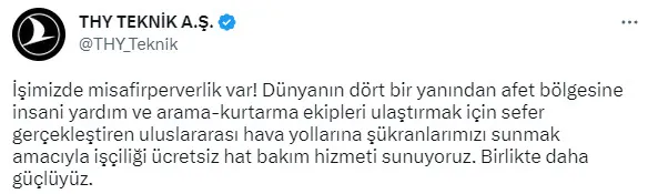 THY’den yurt dışından yardıma gelen uçaklara ücretsiz bakım