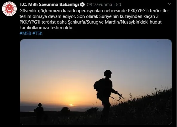 Suriye’nin kuzeyinden kaçan 3 PKK’lı terörist daha teslim oldu