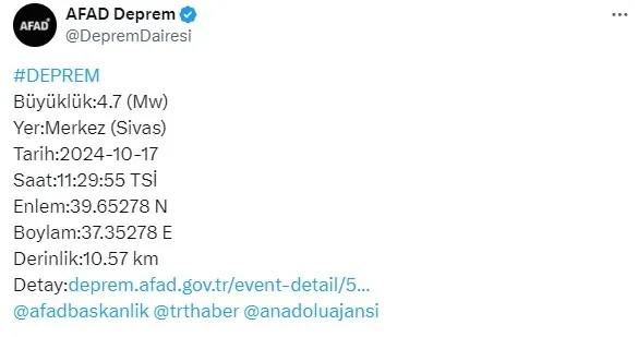 SİVAS’TA 4,7 BÜYÜKLÜĞÜNDE DEPREM!