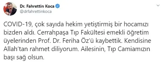 Sağlık Bakanı Fahrettin Koca, Prof. Dr. Feriha Öz'ün hayatını kaybettiğini duyurdu - 1