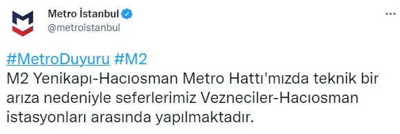 Yenikapı-Hacıosman Metro Hattı’nda teknik arıza