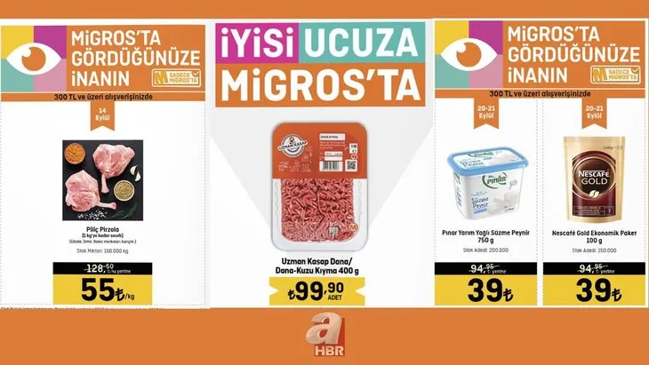 26 Eylül Migros indirim kataloğu yayınlandı: Migros’ta Dana Kasap Sucuk 59 TL, Dana Kasap Sucuk 59 TL, Dana Kıyma 99.90 TL, Süzme Peynir 39 TL’den satılıyor