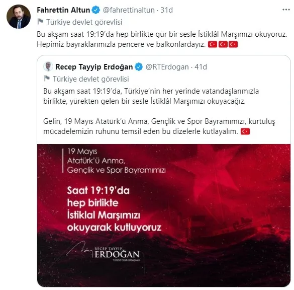 84 milyondan saat 19.19’da İstiklal Marşı