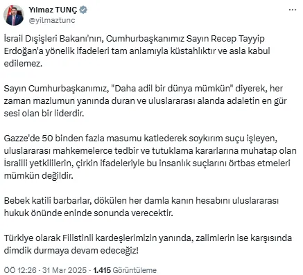Bakan Tunç'un X hesabından yapılan paylaşım | Ekran görüntüsü-ahaber.com.tr