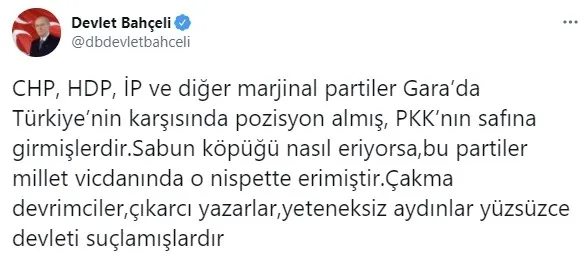 Son dakika: MHP Genel Başkanı Devlet Bahçeli’den Gara açıklaması