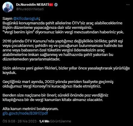 Hazine ve Maliye Bakanı Nureddin Nebati’den Kemal Kılıçdaroğlu’nun şehit ailelerine ÖTV’siz araç vaadine yanıt: Yıllar önce yaptık