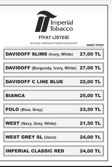 İMPERİAL TOBACCO ZAMLI GÜNCEL SİGARA FİYATLARI: 17 Mart sigaraya zam mı geldi? Sigaraya zam geldi mi? Davidoff slims, Bianca, West grey...