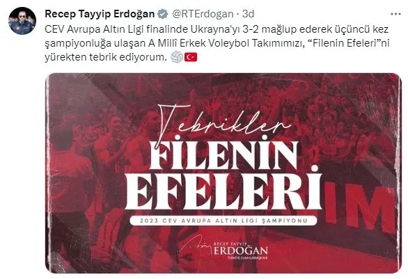 Son dakika | Başkan Erdoğan’dan Filenin Efelerine tebrik