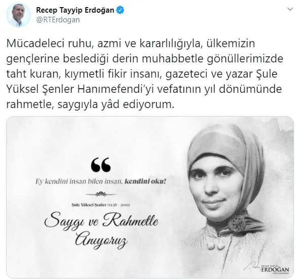 Son dakika: Başkan Erdoğan gazeteci ve yazar Şule Yüksel Şenler'i andı - 1