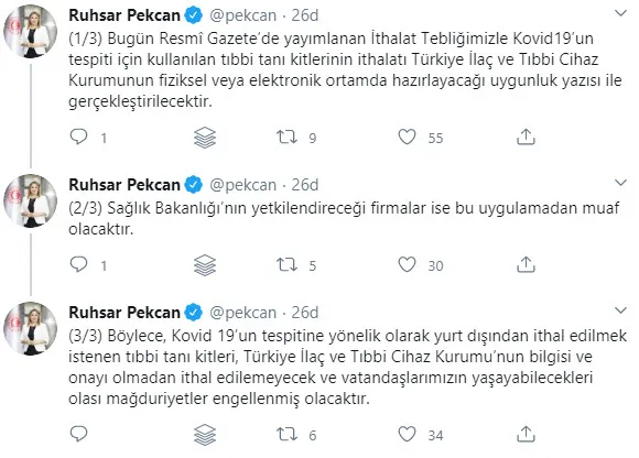 Son dakika: Bakan Pekcan’dan Kovid-19 tanı kiti ithalatına ilişkin açıklama: O şart getirildi