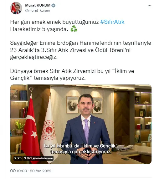 Sıfır Atık Hareketi 5 yaşında! Bakan Kurum: Sıfır Atık Zirvesi ve Ödül Töreni Emine Erdoğan’ın katılımıyla gerçekleştirilecek