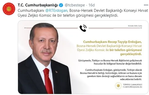 Başkan Erdoğan Bosna-Hersek Devlet Başkanlığı Konseyi üyesi Zeljko Komsic ile telefonda görüştü - 1