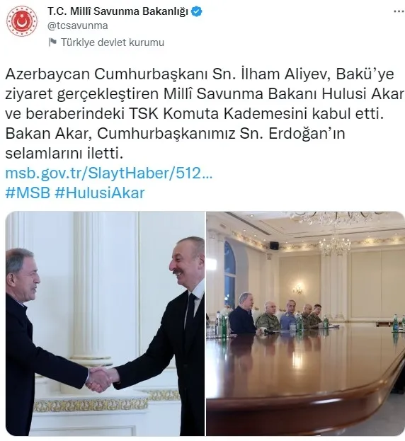 Milli Savunma Bakanı Hulusi Akar ve TSK komuta kademesi Azerbaycan’da İlham Aliyev ile görüştü
