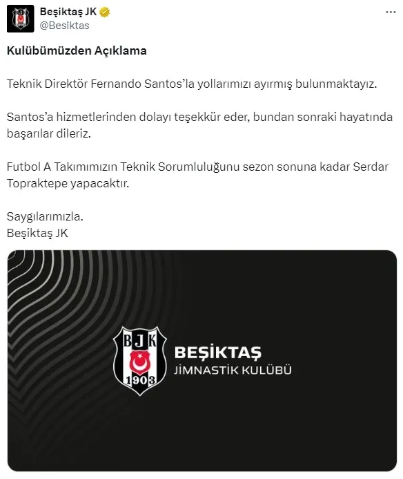 Beşiktaş Fernando Santos ile yollarını ayırdığını açıkladı