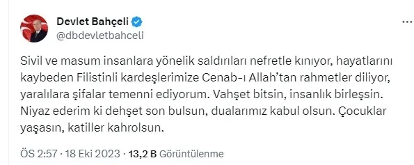 MHP lideri Devlet Bahçeli’den İsrail’in hastane saldırısına tepki: Sivil halk katliam ablukasına alınmıştır