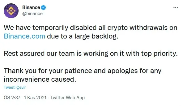 Son dakika: Binance çöktü mü? 1 Kasım Binance para çekme-yatırma işlemleri ne zaman düzelecek? - 1
