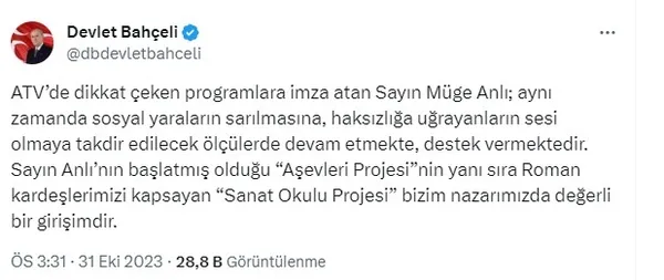 MHP lideri Devlet Bahçeli’den Tatlı Sert programı ve Müge Anlı’ya övgü: ’Sanat Okulu Projesi’ değerli bir girişimdir