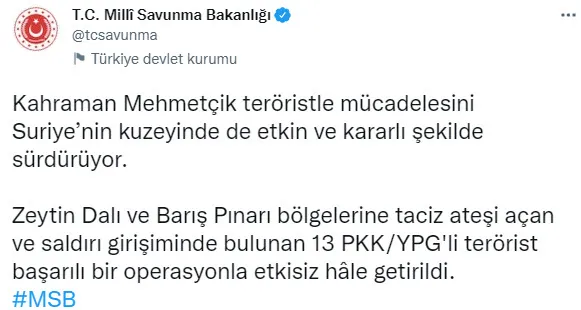 Son dakika: Zeytin Dalı ve Barış Pınarı bölgelerinde 13 terörist öldürüldü - 1