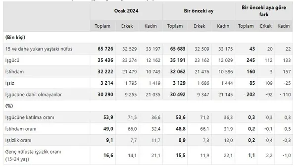 TÜİK Ocak 2024 dönemine ilişkin işsizlik oranlarını açıkladı | TÜİK Ocak 2024 işgücü istatistikleri