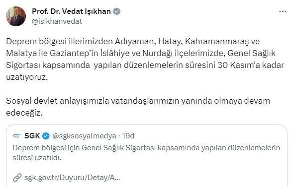 Bakan Vedat Işıkhan'dan deprem bölgesi için önemli duyuru: Süre 30 Kasım'a kadar uzatıldı .