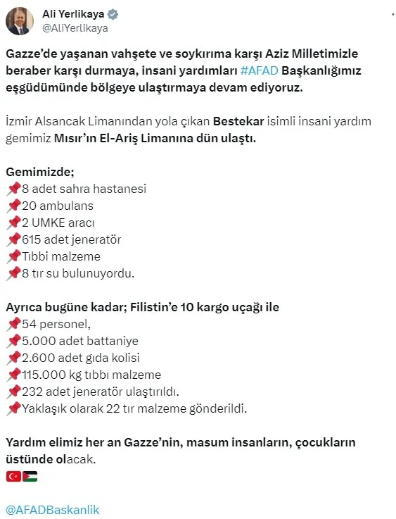 İçişleri Bakanı Ali Yerlikaya’dan Gazze açıklaması: Yardım gemimiz Mısır’a ulaştı