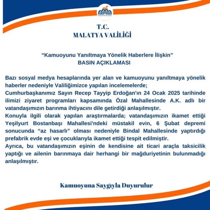 Malatya Valiliğinden "kamuoyunu yanıltmaya yönelik" haberlere ilişkin açıklama - 1