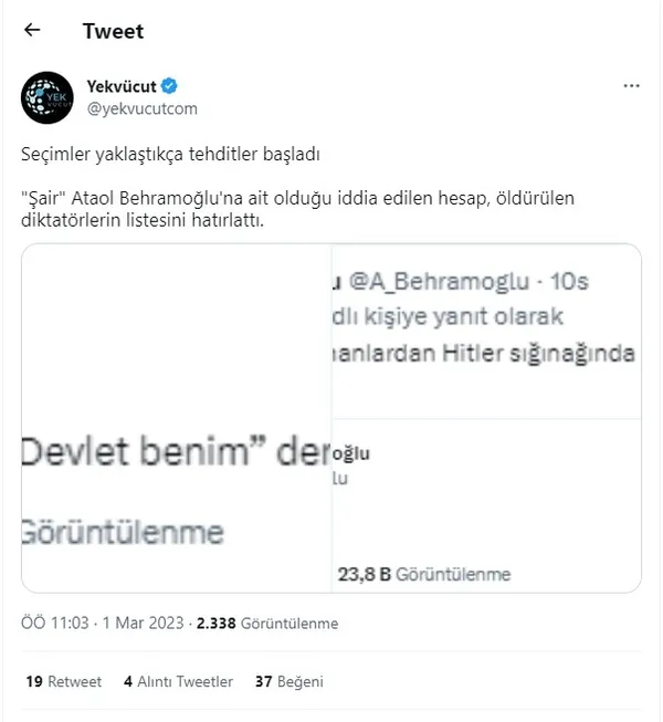 CHP’nin kadrolu şairi Ataol Behramoğlu’ndan devlet erkanına tehdit!