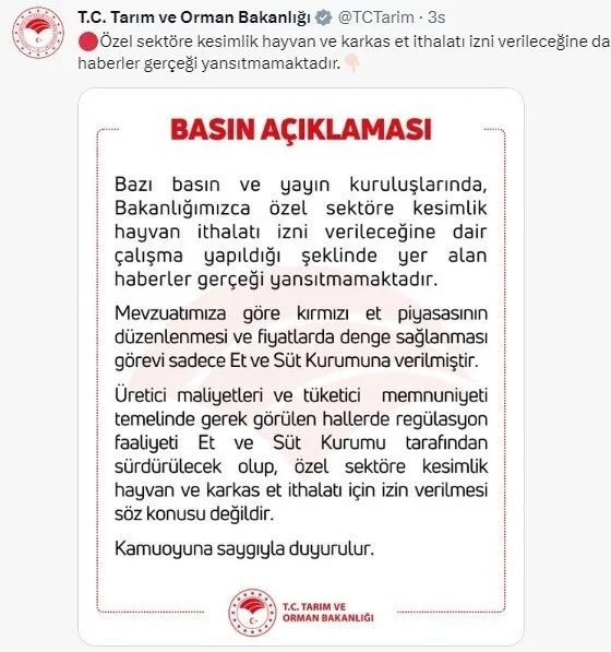 Tarım ve Orman Bakanlığı özel sektöre kesimlik hayvan ithalatı izni verileceği iddialarını yalanladı