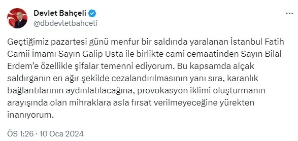 MHP lideri Devlet Bahçeli’den Fatih Camii İmamı Galip Usta için geçmiş olsun paylaşımı