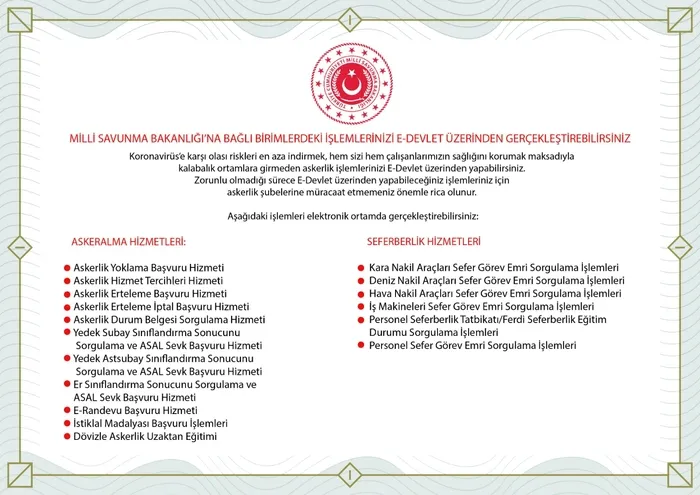 Askeri işlemler e-Devlet üzerinden gerçekleştirilebilecek