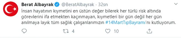 Son dakika: Hazine ve Maliye Bakanı Berat Albayrak'tan 14 Mart Tıp Bayramı paylaşımı - 1